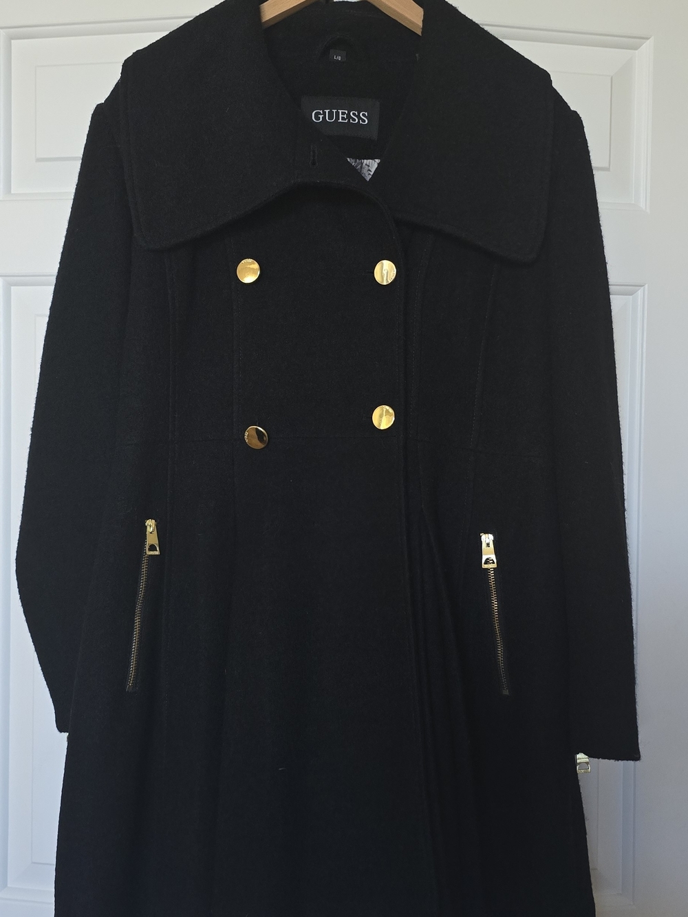 GUESS Black Double-Breasted Pea Coat with Gold Hardware - Size L